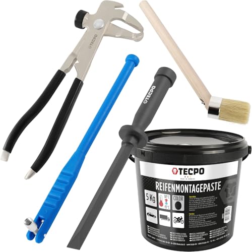 TECPO Reifenreparaturset 5-teilig, Auswuchtgewicht Zange, Reifenventilentferner Ventileinzieher, Klebegewicht Kunststoffschaber 19mm, Reifenmontagepaste 5kg schwarz, Pinsel für Reifenmontagepaste