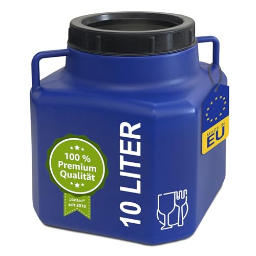 plasteo® 10 Liter Weithalsfass mit Deckel und Griffen Eckig Blau, Lebensmittelecht und BPA-Frei, Futtertonne Kunststofffass Universalfass Deckelfass Wasserfass Regentonne Lagerfass, Blau