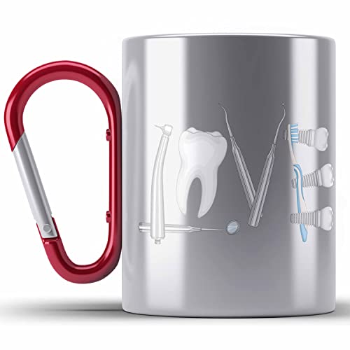 Trendation - Zahntechniker Zahnmedizinische Fachangestellte Edelstahl Tasse Karabiner Geschenk Zahnarzt Lustig Praxis Geschenkidee Zahnarzthelferin Zahntechniker Zahnärztin - Love (Rot)