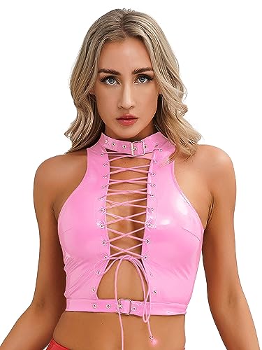 TiaoBug Damen Neckholder BH Metallic Bikini Oberteil Wetlook Dessous Lack Leder Bra Rückenfrei Bauchfrei Shirt Schnür Weste Gogo Kostüm Rosa G XL