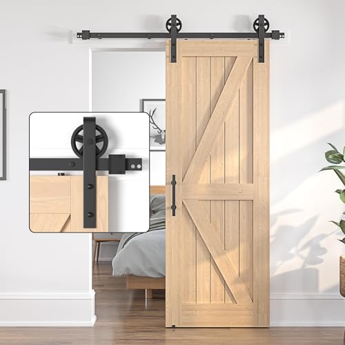 SANKEYTEW Schiebetür-Set, 183 cm, Holz-Scheunentür-Schiebetür-Schiebetür-Set, schwarze Schiebetürschiene, robustes Schiebetür-Set, großes Rad (SD9+6–6)