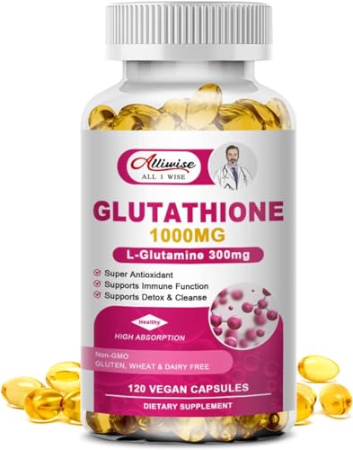 Liposomale Glutathion Kapseln, 1000mg Aktiv Reduzierte Form Glutathion mit L-Glutamin 300mg Verbesserte Absorption, Antioxidans, Detox und Reinigen, Immun Health Support-120 Kappen