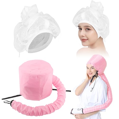 MOERDIFFER Trockenhauben für Haare, 2 in 1 Diffuser Cap for Curly Hair, Net Plopping Cap Curly Hair mit Verstellbarem Kordelzug ​für Haartrockner-Kapuzenaufsatz für Frauen und Mädchen(Rosa)