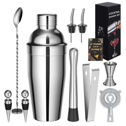 Sosayet Cocktail Shaker Set, 10 Stück Edelstahl Cocktail Mix Set mit Rezeptbuch, 750 ML Premium Barkeeper Set für Zuhause, Bar