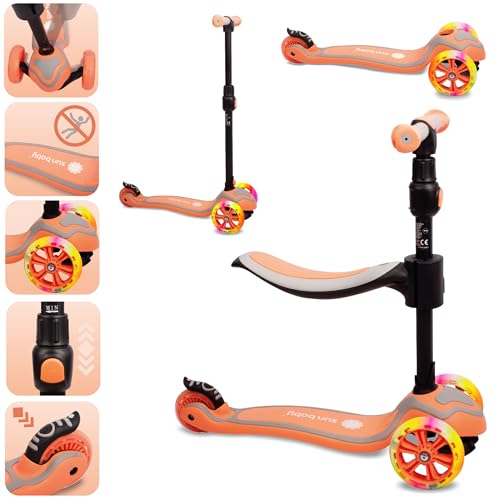sun baby Roller Scooter Kinder 3 Jahre, LED große 3 Räder, Abnehmbarem Sitz, Kinderroller, Childern's Scooter (Orange)