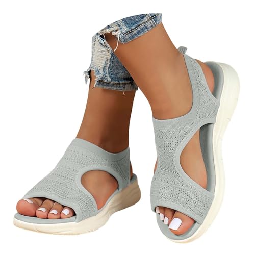 Sandalen, Sandalen Damen Sommer Waschbare Slingback Orthopädische Sport Netz Sandale Casual Strick Sandalen Plateau Slide mit Weiche Fussbett Bequem Sommerschuhe, grau Größe 39 EU