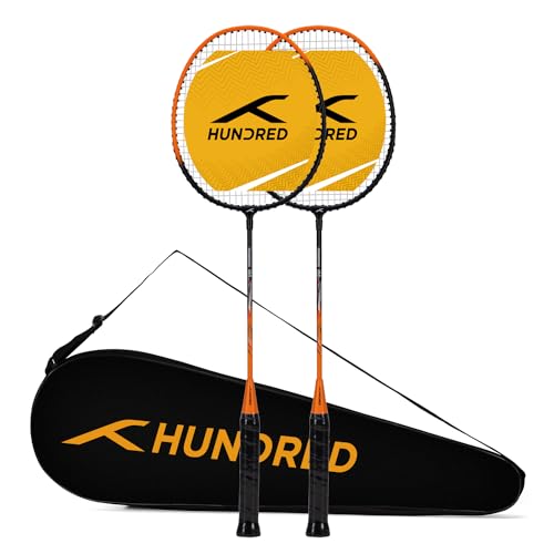 HUNDRED Powertek 100 (Set of 2) Badminton Racquet with Full Cover | Strung | Material: Aluminium | Maximum Tension: 16-18lbs | for Intermediate player