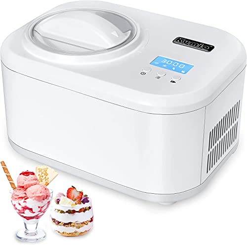 KUMIO Eismaschine mit Kompressor, Eismaschine Selbstkühlend, Frozen Joghurtmaschine mit LCD-Display & Zeitschaltuhr, Abnehmbarem Rührquirl & 1L Schüssel & Klarem Deckel, 100W Speiseeisbereiter, Weiß