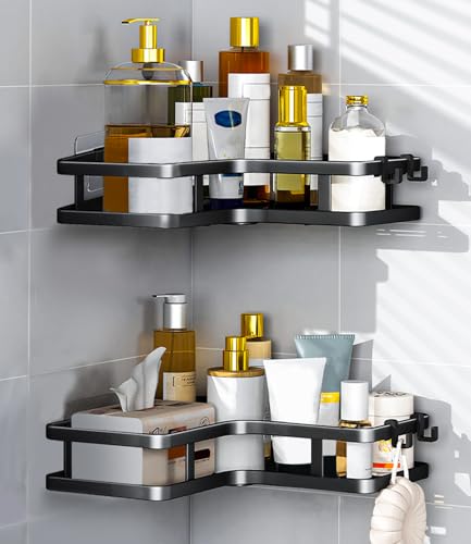 Bixury Duschablage Ohne Bohren Badezimmer Organizer, 2 Stück Duschregal Ohne Bohren Duschregal Schwarz mit 8 Haken, Shampoo Halterung für Dusche Eckregal, Shower Shelf Shower Caddy Dusche Zubehör