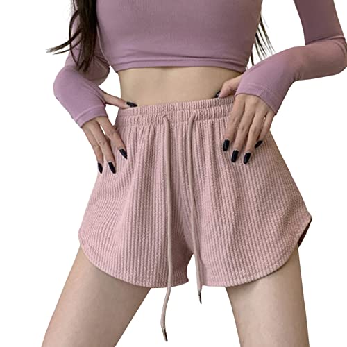 Damenhosen Kurzgrößen Stretch Elegant Damen Casual Shorts Sommer Hohe Elastische Taille Sport Shorts Lose Unterteile Freizeithose Solide Homewear Kurze Hose Bequeme Damenhosen (Pink, One Size)