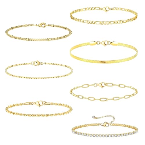 Carreneu 7Pcs Armband Gold Damen Armband Gold Gold Armband Damen Armbänder Gold Damen Schmuck Gold Goldene Armbänder Verstellbares Modeschmuck Armband Set Wasserdichtern Gold Schmuck für Damen