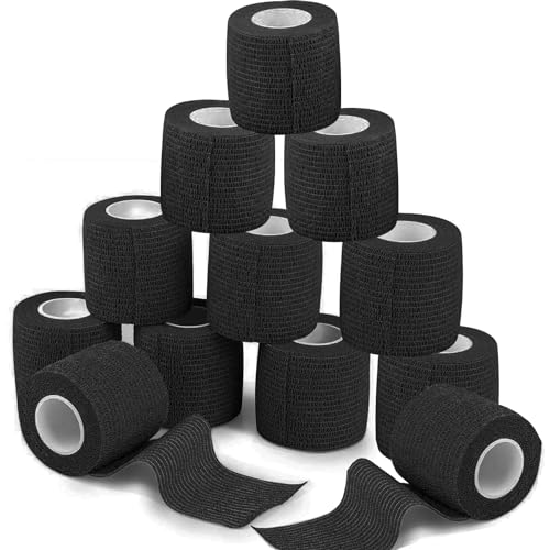 Selbstklebender Verband 12Rollen, 5cm x 4.5m Pflaster Rolle Verbandsmaterial, Elastische Binde Bandage Fixierbinde Haftbandage Selbstklebend für Sport, Handgelenk Vet Wrap Katze Hund Pferd(Schwarz)