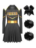 Aislor Damen Cheer Leader Kostüm Langarm Cheerleading Uniform Outfits Tanzkleid mit Pompoms/Harrband Halloween Karneval Cheerleading Kostüm Schwarz M