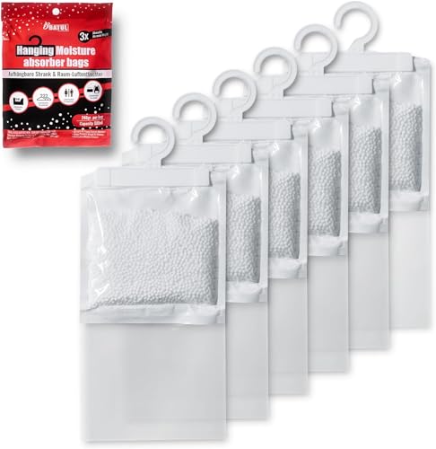6x Luftentfeuchter beutel zum Hängen, Raumentfeuchter Set Feuchtigkeit Entferner, für Schrank, Aufbewahrung, Badezimmer, Wäscherei, Keller, Küche, Wohnwagen, Auto,Bus, Boot, Schiff, Garage, Dachboden