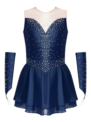 CHICTRY Kürkleider Eiskunstlauf Mädchen Strass Glitzer Kleid Ärmellos Tanzkleid Cut Out Ballettanzug Mit Fingerlose Handschuhe Ballerinas Kostüm Navy blau 134-140