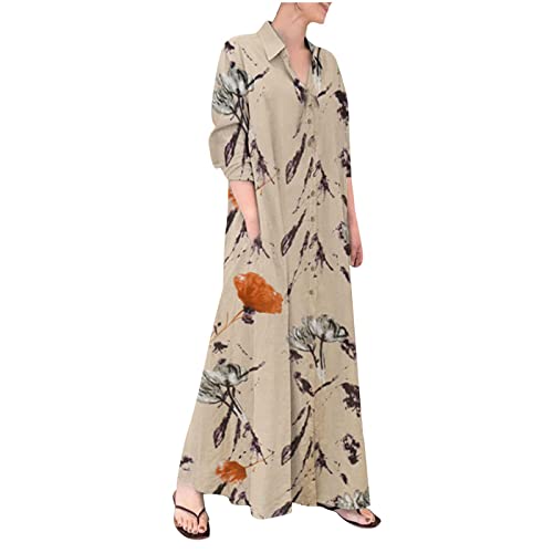 Übergröße kleid für Frauen 2023 Floral Button Down Hemdkleid Langarm Leinen Maxikleid mit Tasche, Beige, Mittel