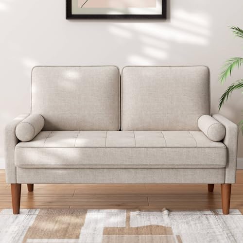 2 Sitzer, Modernes 2er Sofa mit 2 Wurfkissen, Kleine Stoffcouch mit Armlehne, Mini Sofa für Wohnzimmer/Wohnung/Büro, Einfache Montage, Aschbeige, 121 x 77 x 87CM