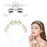 NebulaGlam Sterne Haarreif mit Gesicht Edelsteine, Sterne Stirnband Strass Haarband Gesichtstattoo Karneval Fasching Geburtstag Party Kostüm Haarreifen Glitzer Haarschmuck für Damen Mädchen (Gold)