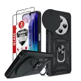 LeYi Handyhülle für Xiaomi Redmi 14 C 4G Hülle [2 Hartglas Schutzfolie] Kameraschutz Hybrid Schutzhülle Metall Ring Ständer Case Kamera Schiebeabdeckung Militär Redmi 14C 4 G Handy Cover Schwarz