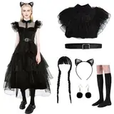 Damen Halloween Kostüm Erwachsene, Mädchen Wednesday Kleid, Gothic-Adrette-Stil Kleid Set, Anime Cosply Kostüm für Halloween Karneval Party Outfits