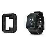 LvBu Schutzhülle und Displayschutzfolie Kompatibel für Garmin Forerunner 35 Serie Smartwatch, Weiche Silikon Hülle, gehärtetes Glas schutzfolie [2 Stück] (Schwarz Hülle + Schutzfolie*2)