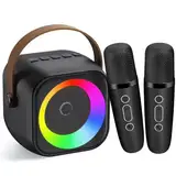 Karaoke-Maschine für Kinder und Erwachsene, tragbares Bluetooth-Mini-Karaoke-Mikrofon, singender Lautsprecher mit 2 kabellosen Mikrofonen und Licht, Spielzeug für alle Smartphones (schwarz)