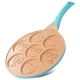 joeji's Kitchen Pancake Crepe Pfanne mit 7 Mulden mit Smiley-Gesichtern - 26,5 cm Antihaft Leichte Aluminiumguss - Induktion - Spaß für Kinder - Mehrzweck Palatschinken Pfanne Spiegelei - Blau