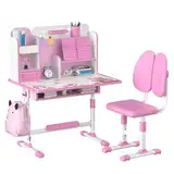 Upgraded Kinderschreibtisch,höhenverstellbar, Schüler-Schreibtisch und Stuhl, Kinderschule, Studiertisch mit Schubladenablagen, Bücherregal, Studienstuhl und Schreibtisch für Kinder(Rosa 115cm)