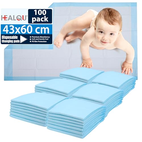 HEALQU Wickelunterlage Einweg – Baby Wickelauflagen 100 Stück 43 x 60cm – extra weich, saugfähig und wasserdicht – Für sauberes Wechseln von Windeln, ideal für unterwegs