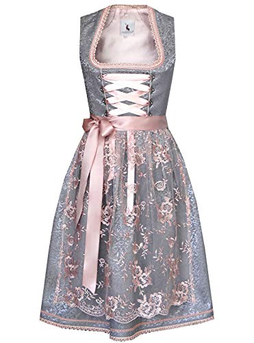 Alpenmärchen Midi Dirndl aus Exklusiver Kollektion inkl. Spitzenschürze, Grau, 42