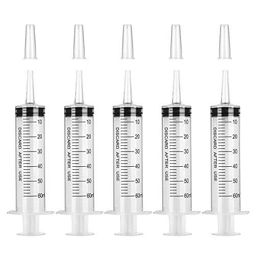 Hyber&Cara Spritze 60ml (50ml), 5 Stück Plastikspritze mit Verschlusskappe, Dosierspritze für wissenschaftliche Labors, Flüssigkeitsmessung und -abgabe, Tierfütterung, Pflanzenbewässerung