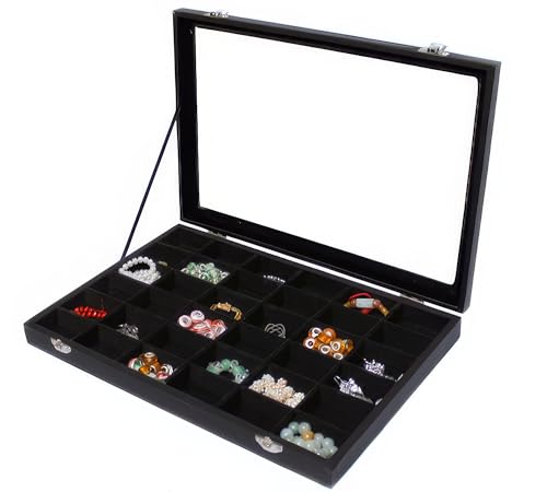 Yudu Schmuckkasten Schmucklade Schaukasten Schmuckdisplay mit Glasdeckel schwarz (36 Fächern)