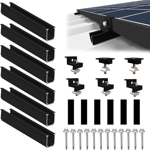 Sorlpv Solarmodul Halterung für 2X Module, PV Halterung Montageset - 12CM Schwarze Schiene + Verstellbare Klemme für 30-35MM Dicke Module, Alu Solarpanel Halterung Flachdach Trapezblech Blechdach