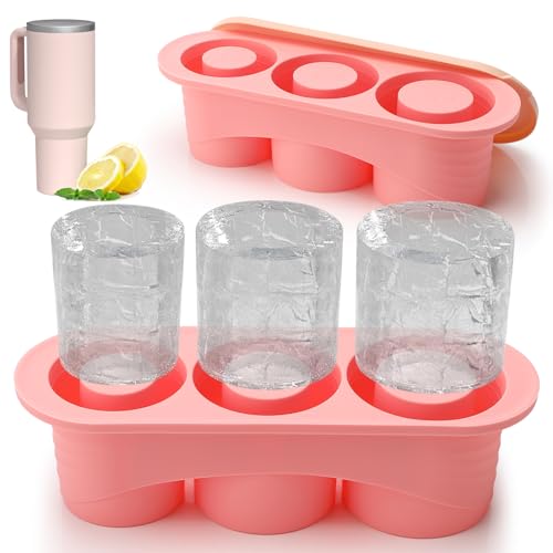 Eiswürfel Silicone für Cup, Eiswürfelform Silikon mit 3 Fächern und Deckel BPA-frei, Eiswürfelform für Cup für Getränke Cocktails Kaffee (Rosa)