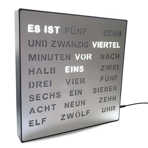 Bada Bing LED Wortuhr Silber mit Deutscher Wort Anzeige - edle Metall Uhr mit USB Kabel Wanduhr modern - Tischuhr hochwertig lautlos zum Aufstellen/Aufhängen - Deko Geschenk Männer Büro Wohnzimmer