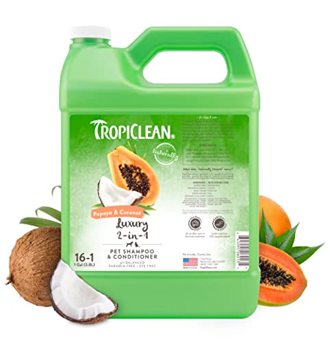 TropiClean Shampoo für Haustiere - Luxus 2 in 1 - Reinigt, Spendet Feuchtigkeit, pflegt Haut & Fell I Für Hunde & Katzen I Parabens-, Farbstoff- und Seifenfrei - Papaya & Kokosnuss, 3,78 L