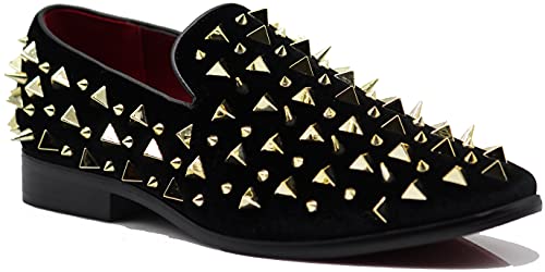 SPK09 Herren Vintage Spike Dress Loafers Slip On Fashion Schuhe Klassische Smoking Kleid Schuhe, Goldfarbenes Wildleder, 44.5 EU