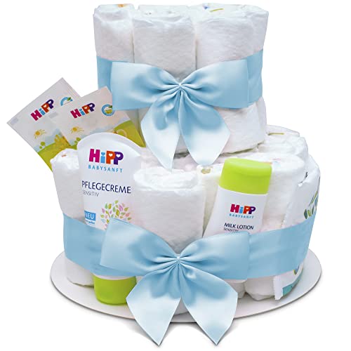 MilaBoo® 2-stöckige Windeltorte Junge mit Premiumprodukten I Besonderes Geschenk zur Geburt I Persönliches Babygeschenk zur Taufe und Babyparty (blau)