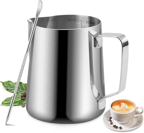 Milchaufschäumkrug, 12 oz/350ml Milchaufschäumer Krug Edelstahl Krug Dampfkanne, Milchkaffee Cappuccino Latte Art Barista Dampfkannen Milchkanne Tasse mit Dekorieren Stift