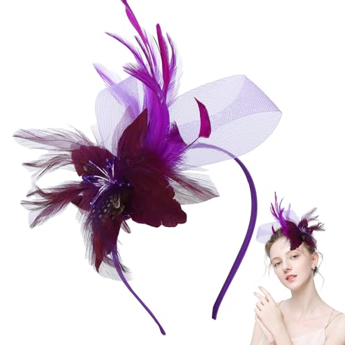 Larfraecy Prom Stirnband Retro Teeparty Fascinator Hut Hut Stirnband Faux Flowers Feather Mesh Hair Accessories Wedding Hochzeiten Partys für Mädchen und Frauen (Lila)