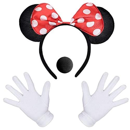 iZoeL Damen Maus Mouse kostüm Haarreif mit Maus Ohren Rote Schleife und Schwarz + weiße Handschuhe + Nase, Damen Mädchen Faschingkostüme Halloween Karneval Mottoparty kostüm