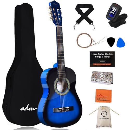ADM 1/2 Kinder Konzertgitarren-Set, 86,4 cm, Junior-Gitarren-Set für Anfänger mit Gigbag, Stimmgerät, Gurt, Plektren, zusätzlichen Saiten, Aufbewahrungstasche und Reinigungstuch (pfirsichblau)