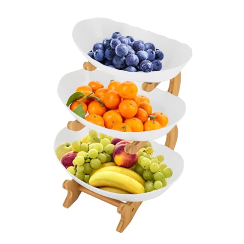 HuKaiL 3-Etagen Obstschale, Obst Etagere Obstkorb Hängend aus Bambus Steher mit 3 Obstteller, Obstetagere Obstschalen Snackschale Servierplatten für Obst, Süßigkeiten, Desserts, Schmuck, 22.5*14*32cm