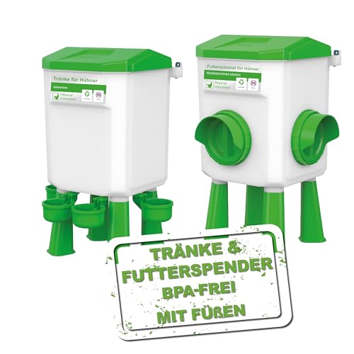 MeineHennen Futterautomat 7 Kg und Wasserspender 8 L für Hühner - hygienischer Futterspender und Geflügeltränke/Tränke im Set - abnehmbare Füße - BPA-Frei