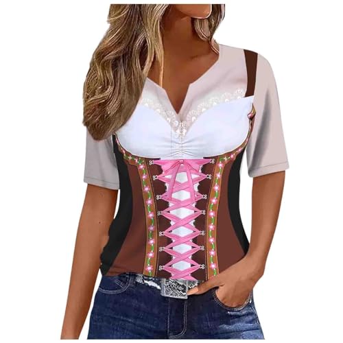 Oktoberfest Damen Outfit Kurzarm T-Shirt Oberteile Lederhose Druck Trachtenblusen Tshirt Tops V-Ausschnitt mit Knopfverschluss Tracht Hemd Bluse Damen Party Halloween Kostüme