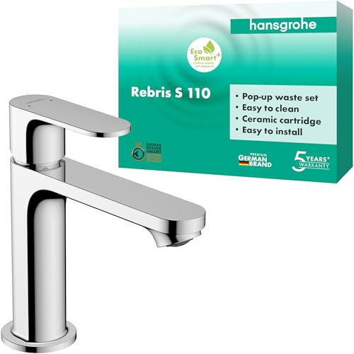 hansgrohe Rebris S - Waschtischarmatur mit Zugstangen-Ablauf, Wasserhahn Bad mit Auslauf Höhe 109 mm, Mischbatterie Waschbecken wassersparend (EcoSmart), Chrom, 72517000