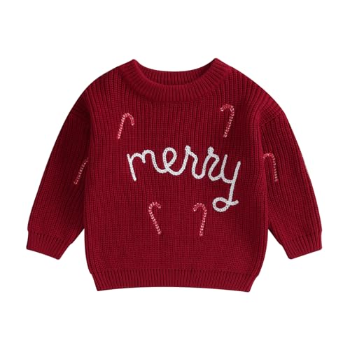 Springcmy Baby Jungen Mädchen Weihnachten Übergroßer Strickpullover Chunky Letter Stickerei Langarm Pullover Warm Herbst Winter Xmas Tops Strickwaren, Merry Red, 80