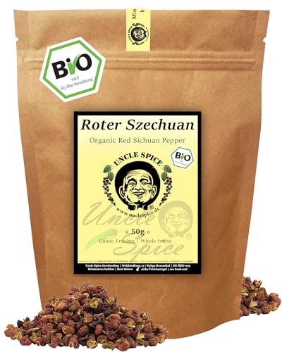 UNCLE SPICE® BIO Szechuan Pfeffer – 50g roter Szechuanpfeffer aus Sichuan – handverlesen & prickelnd zitronig – Premium Bio Qualität DE-ÖKO-005 – ideal für Pfeffermühle, BBQ & asiatische Gerichte