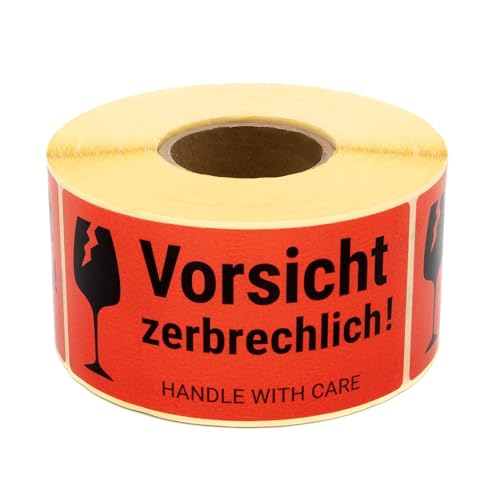 MD Labels Warnetiketten auf rolle 100x50mm- 500 Stück- Vorsicht zerbrechlich- Handle with care- Vorsicht Glas Aufkleber
