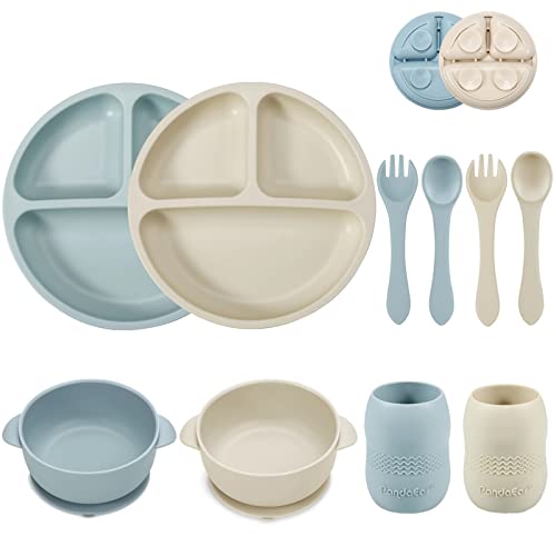 PandaEar Silikon Baby Geschirrset mit Saugnapf, 2 Unterteilt Kinderteller + 2 Saugnäpfe Baby Breischale + 2 Baby Trinkbecher mit 2 Babylöffel 2 Gabel, Kindergeschirr Set, Baby Essen Set Zubehör